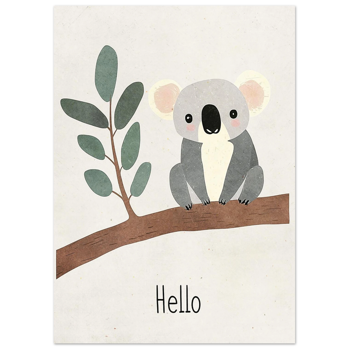 Söt koalaillustration i mjuka grå toner på en eukalyptuskvist, barnposter