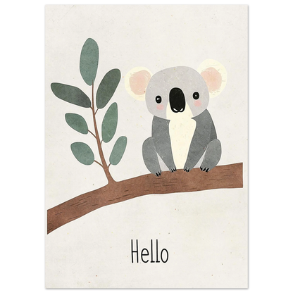 Söt koalaillustration i mjuka grå toner på en eukalyptuskvist, barnposter