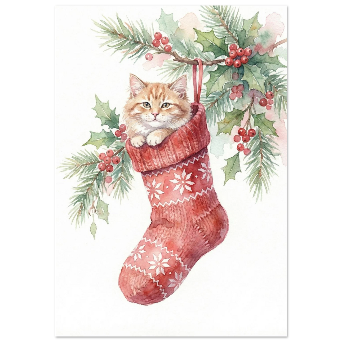 Rödtabby kattunge i en djupröd stickad julstrumpa, akvarellmålning med granris