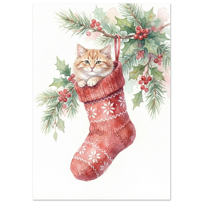 Rödtabby kattunge i en djupröd stickad julstrumpa, akvarellmålning med granris