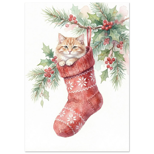 Rödtabby kattunge i en djupröd stickad julstrumpa, akvarellmålning med granris