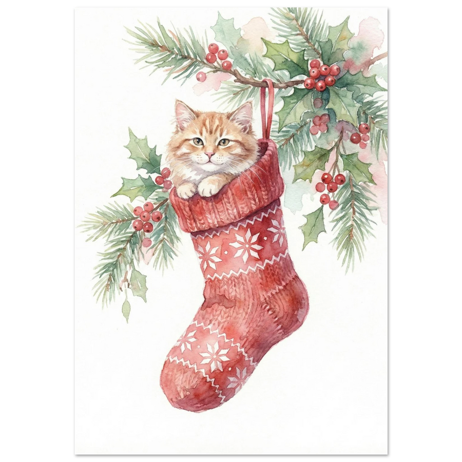 Rödtabby kattunge i en djupröd stickad julstrumpa, akvarellmålning med granris