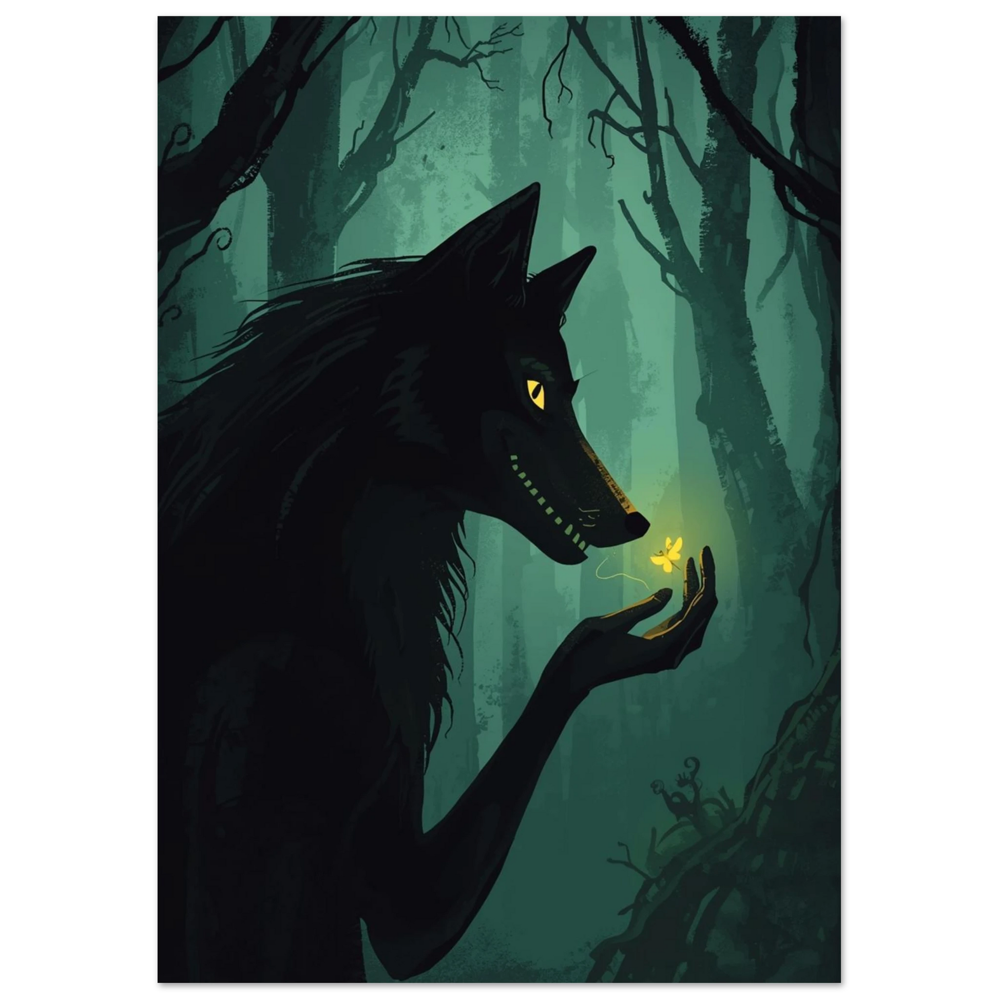 Mystisk vargillustration med gula ögon i en mörkgrön trollskog – tavla
