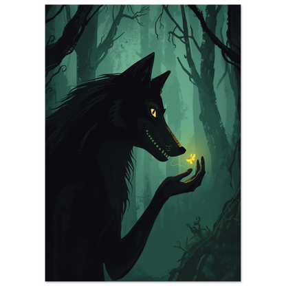 Mystisk vargillustration med gula ögon i en mörkgrön trollskog – tavla