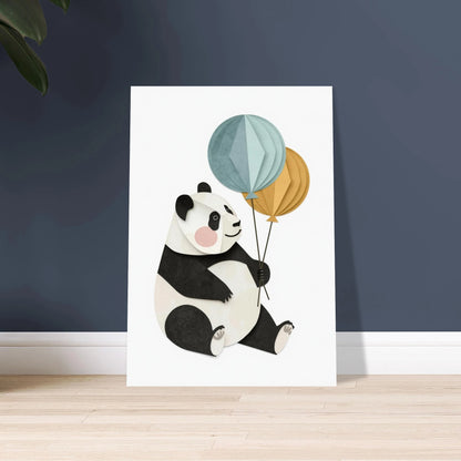 Panda i cutpaper-stil med ballonger, lekfull och drömsk känsla