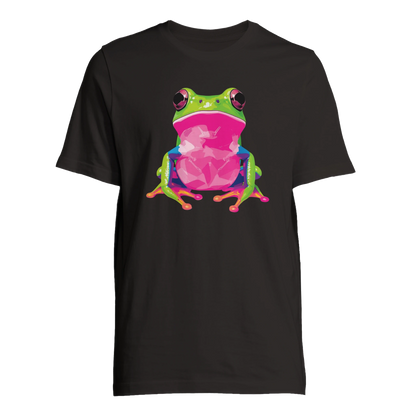 Färgstark groda motiv på svart T-shirt, framifrån – Tecknad T-shirt