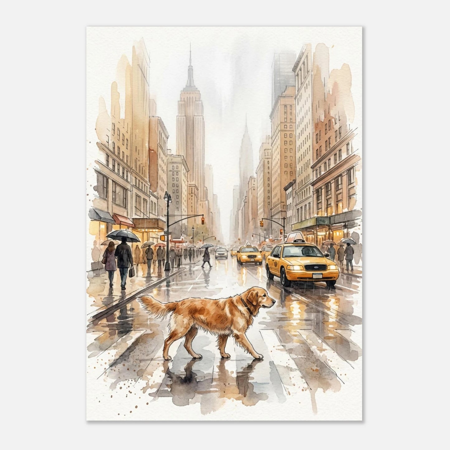 Hundmotiv i stadsmiljö med mjuka akvarellfärger och regnreflektioner – poster