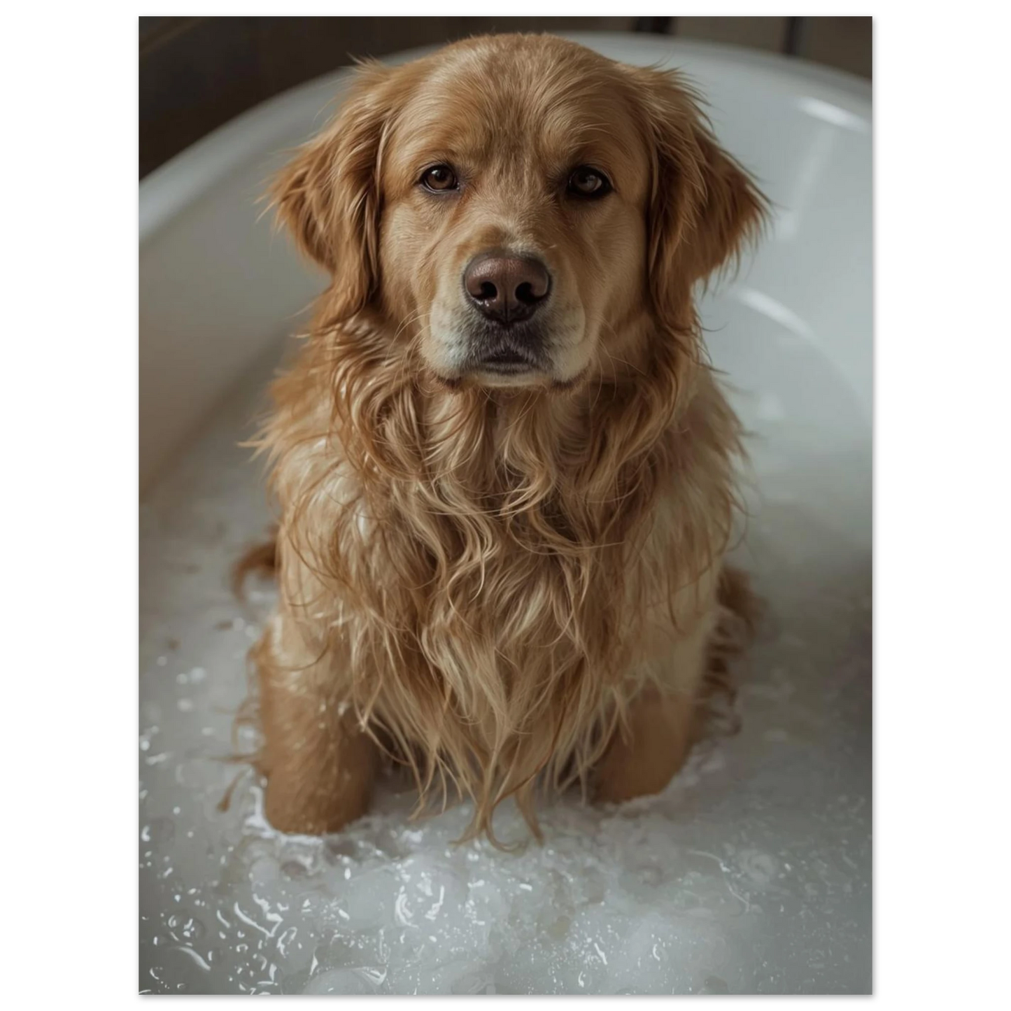 Hundposter föreställande en Golden Retriever med kloka ögon i badet