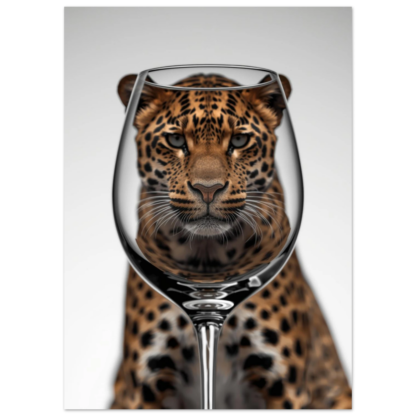 Närbild på leopardansikte förvrängt genom glas, konstnärlig poster i studiomiljö