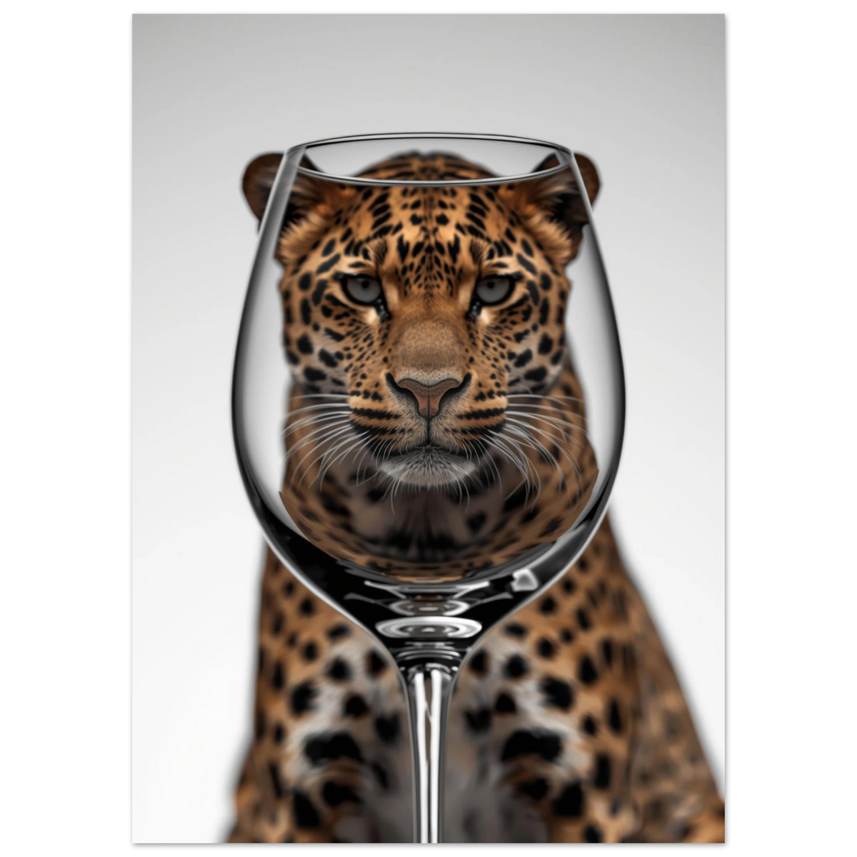 Närbild på leopardansikte förvrängt genom glas, konstnärlig poster i studiomiljö
