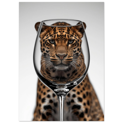 Närbild på leopardansikte förvrängt genom glas, konstnärlig poster i studiomiljö
