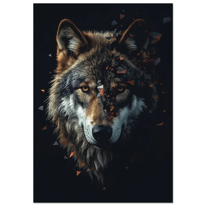 Vargporträtt med geometriska fragment och bärnstensfärgade ögon, mörk digital konstposter