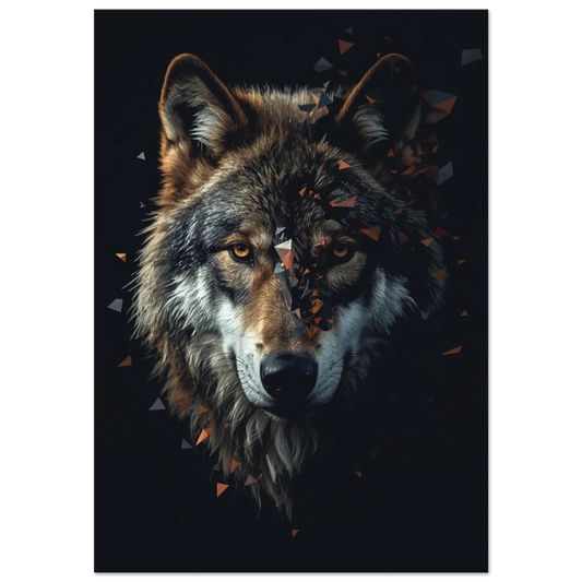 Vargporträtt med geometriska fragment och bärnstensfärgade ögon, mörk digital konstposter