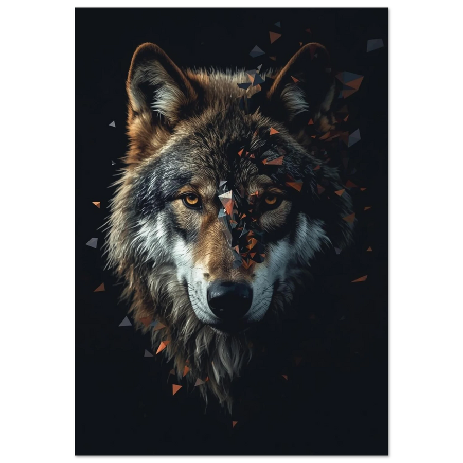 Vargporträtt med geometriska fragment och bärnstensfärgade ögon, mörk digital konstposter