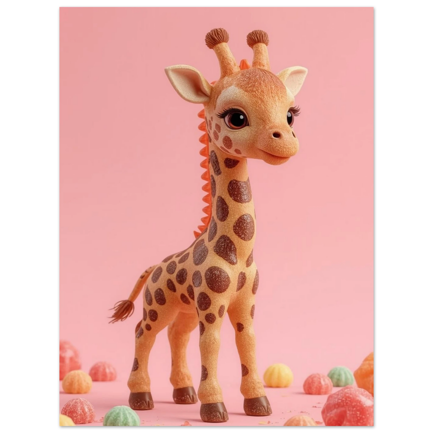 Barnrumstavla med en fantasifull giraff omgiven av färgglada maränger och godis