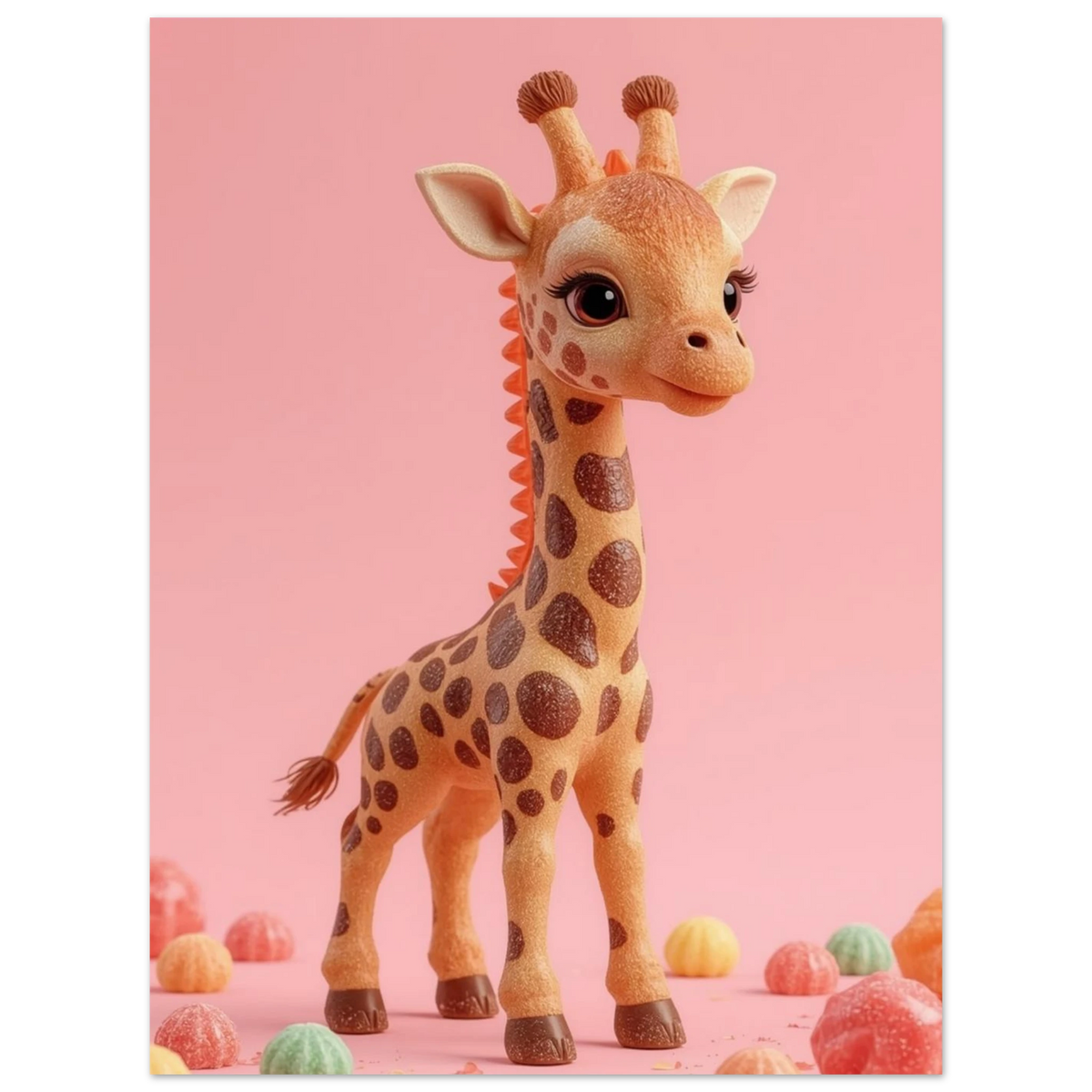 Barnrumstavla med en fantasifull giraff omgiven av färgglada maränger och godis