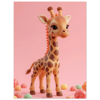 Barnrumstavla med en fantasifull giraff omgiven av färgglada maränger och godis