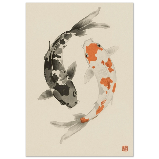 Två koikarpar simmar i en cirkel mot ljus bakgrund – målad poster