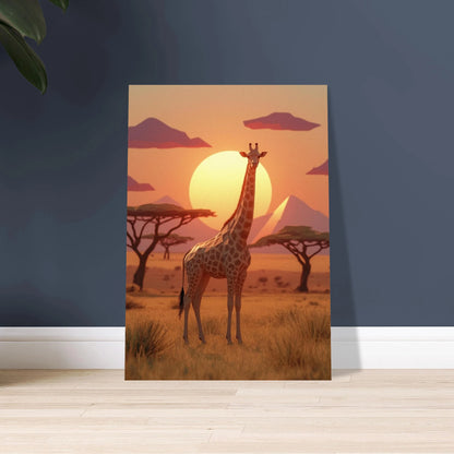Low-poly giraff i solnedgång på savannen, lugn stämning