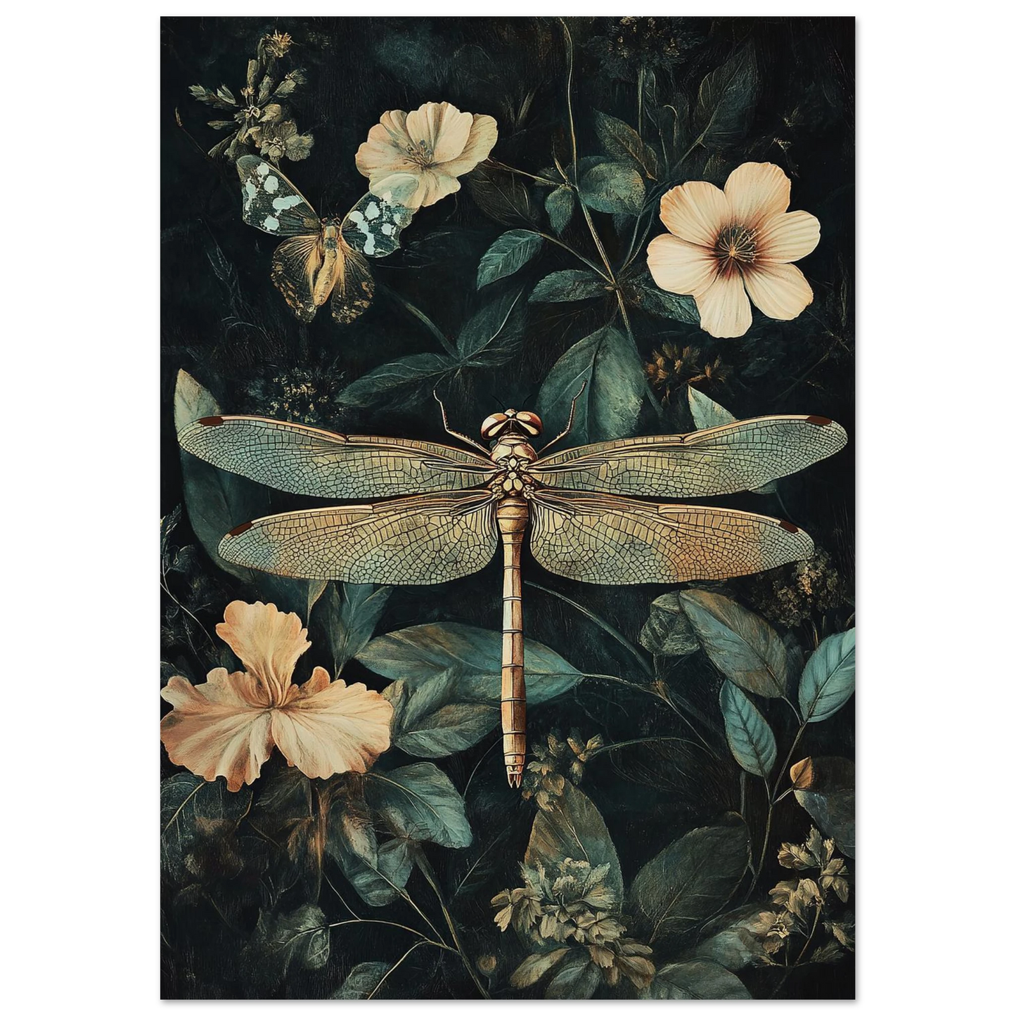 Botanisk illustration med trollslända och bleka blommor i dämpad färgskala