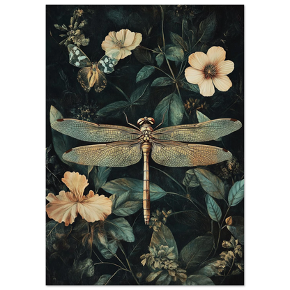 Botanisk illustration med trollslända och bleka blommor i dämpad färgskala