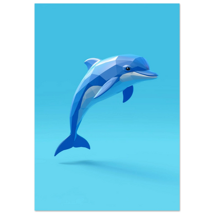 Blå delfin i modern geometrisk 3D-stil mot ljusblå bakgrund