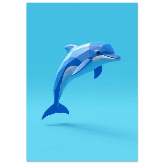 Blå delfin i modern geometrisk 3D-stil mot ljusblå bakgrund