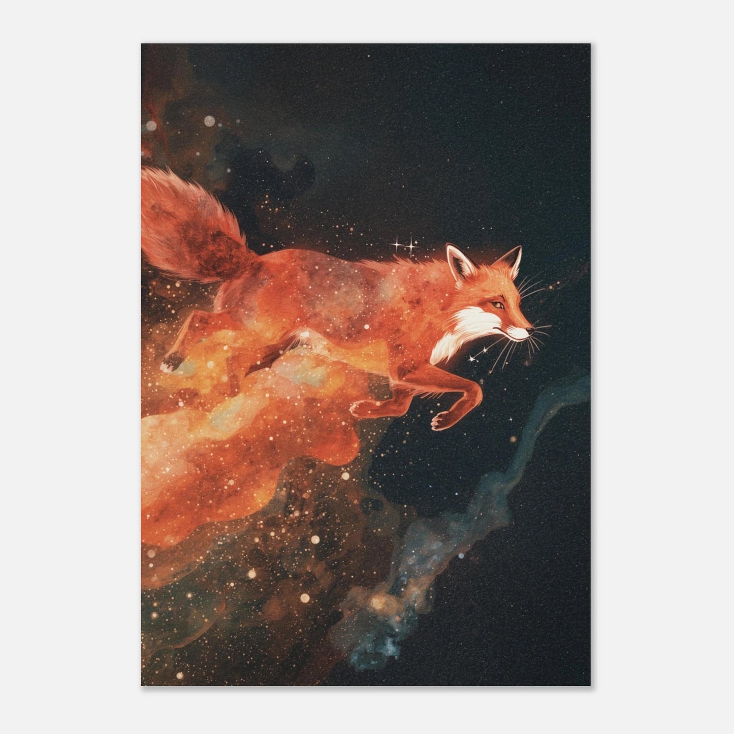 Drömsk djurposter föreställande en räv som vandrar genom kosmos nebulosor