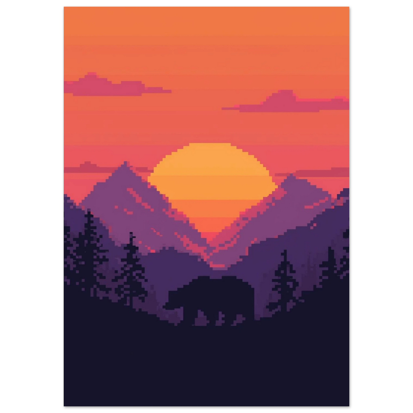Digital illustration med björnmotiv i 8-bitarsstil med varma rosa och orangea toner