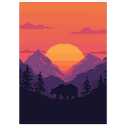Digital illustration med björnmotiv i 8-bitarsstil med varma rosa och orangea toner
