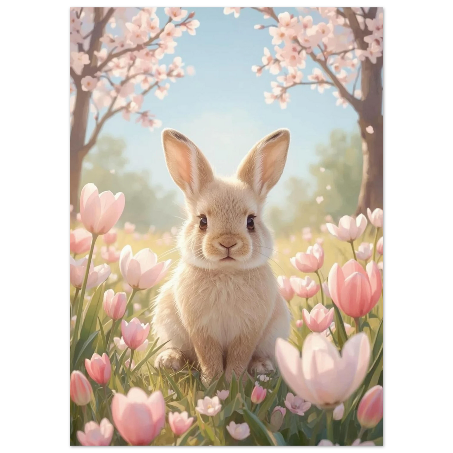 Närbild på en fluffig hare i en våräng med rosa blommor, konstnärligt djurmotiv