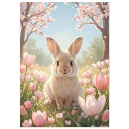 Närbild på en fluffig hare i en våräng med rosa blommor, konstnärligt djurmotiv
