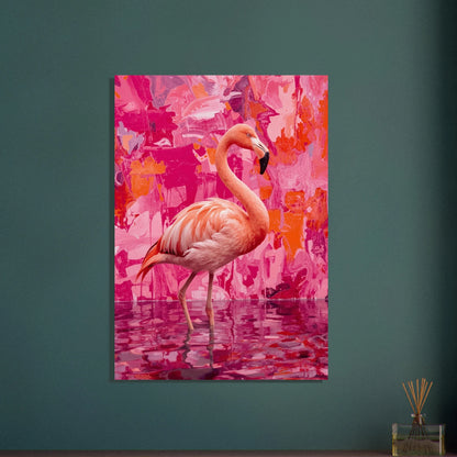 Flamingo i drömskt rosa vattenlandskap, abstrakt konstnärlig stil
