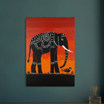 Tribal-inspirerad elefant i svart med vita mönster mot orange bakgrund.