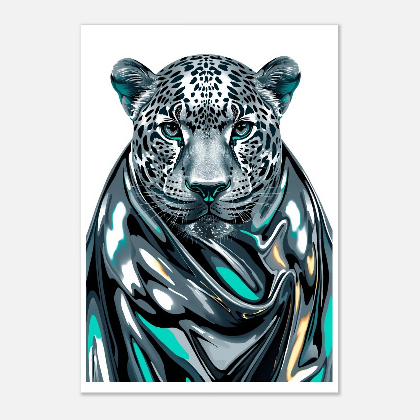 Futuristisk väggkonst med en leopard i reflekterande silver och flytande former