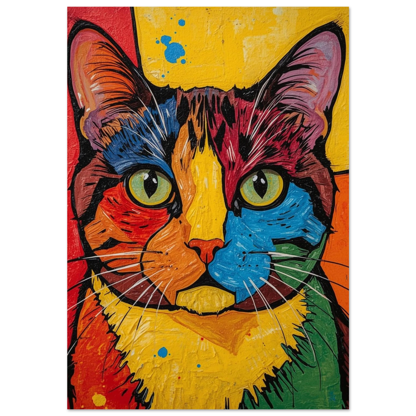 Färgstark kattposter i popkonststil med texturerade penseldrag och gula detaljer