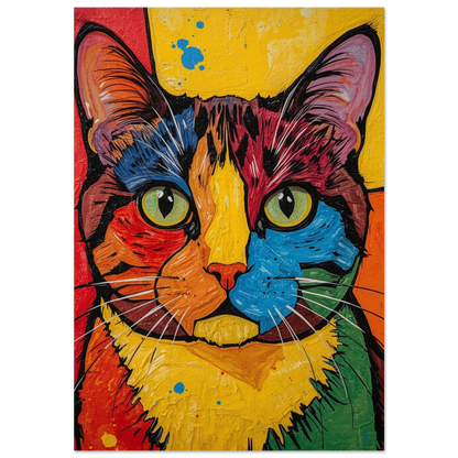 Färgstark kattposter i popkonststil med texturerade penseldrag och gula detaljer