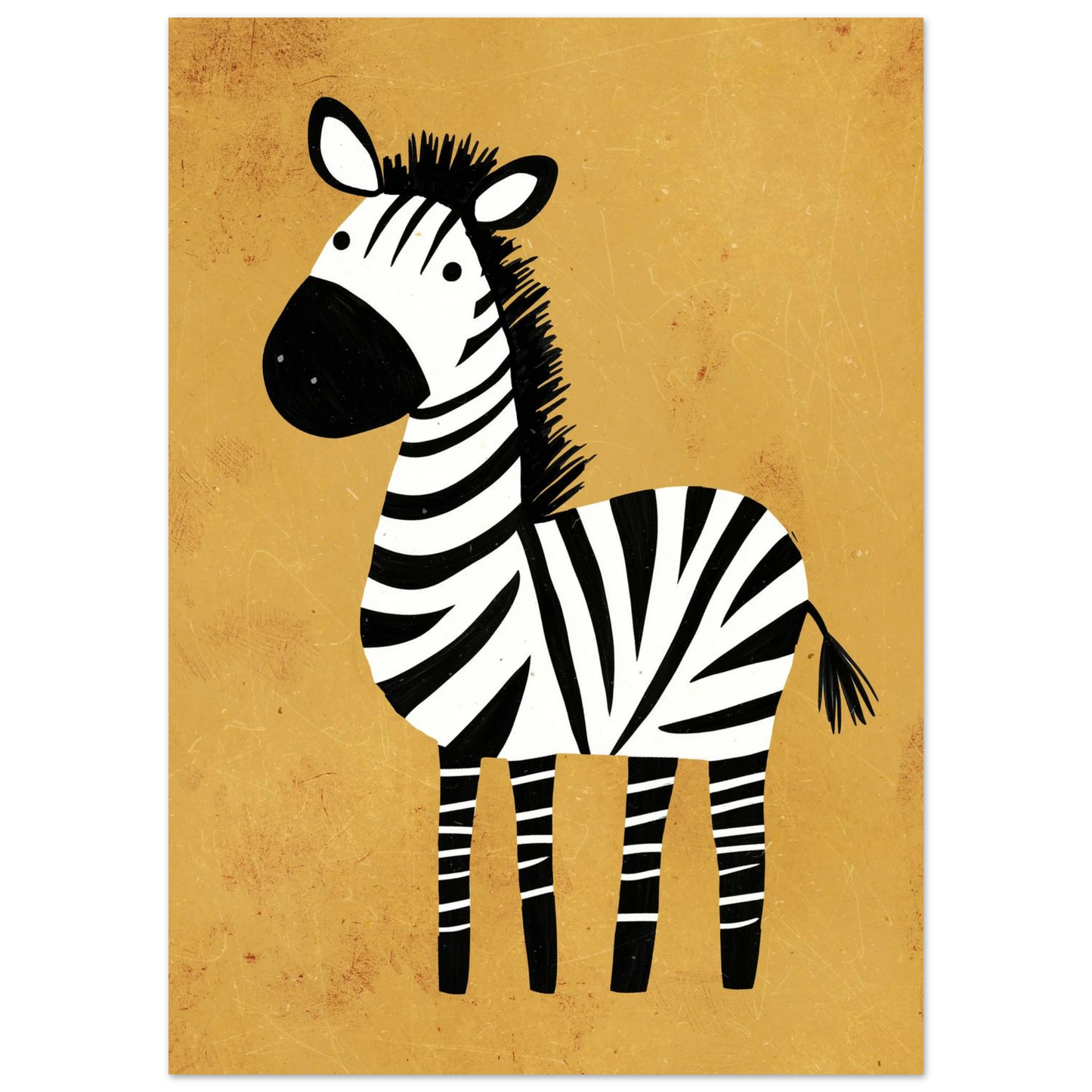 Stiliserad zebraillustration med svarta ränder mot senapsgul yta – modern tavla