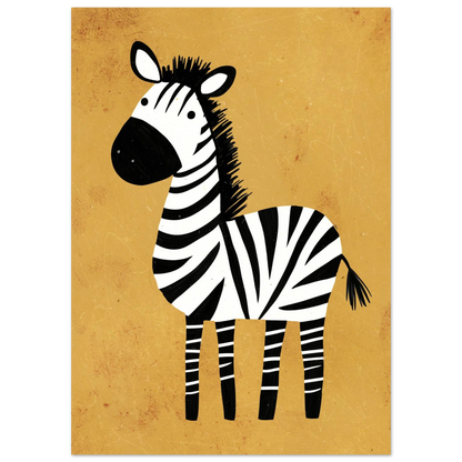 Stiliserad zebraillustration med svarta ränder mot senapsgul yta – modern tavla