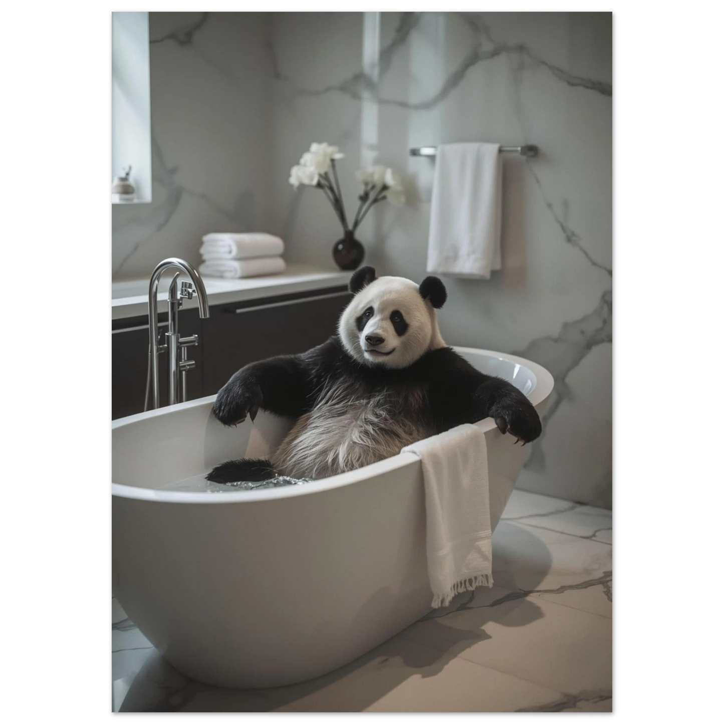 Sittande panda i ett modernt badkar med vit handduk, fotorealistisk poster