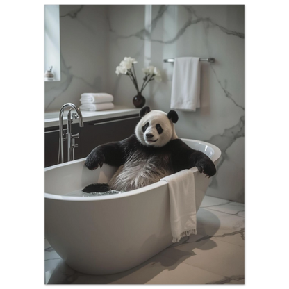 Sittande panda i ett modernt badkar med vit handduk, fotorealistisk poster