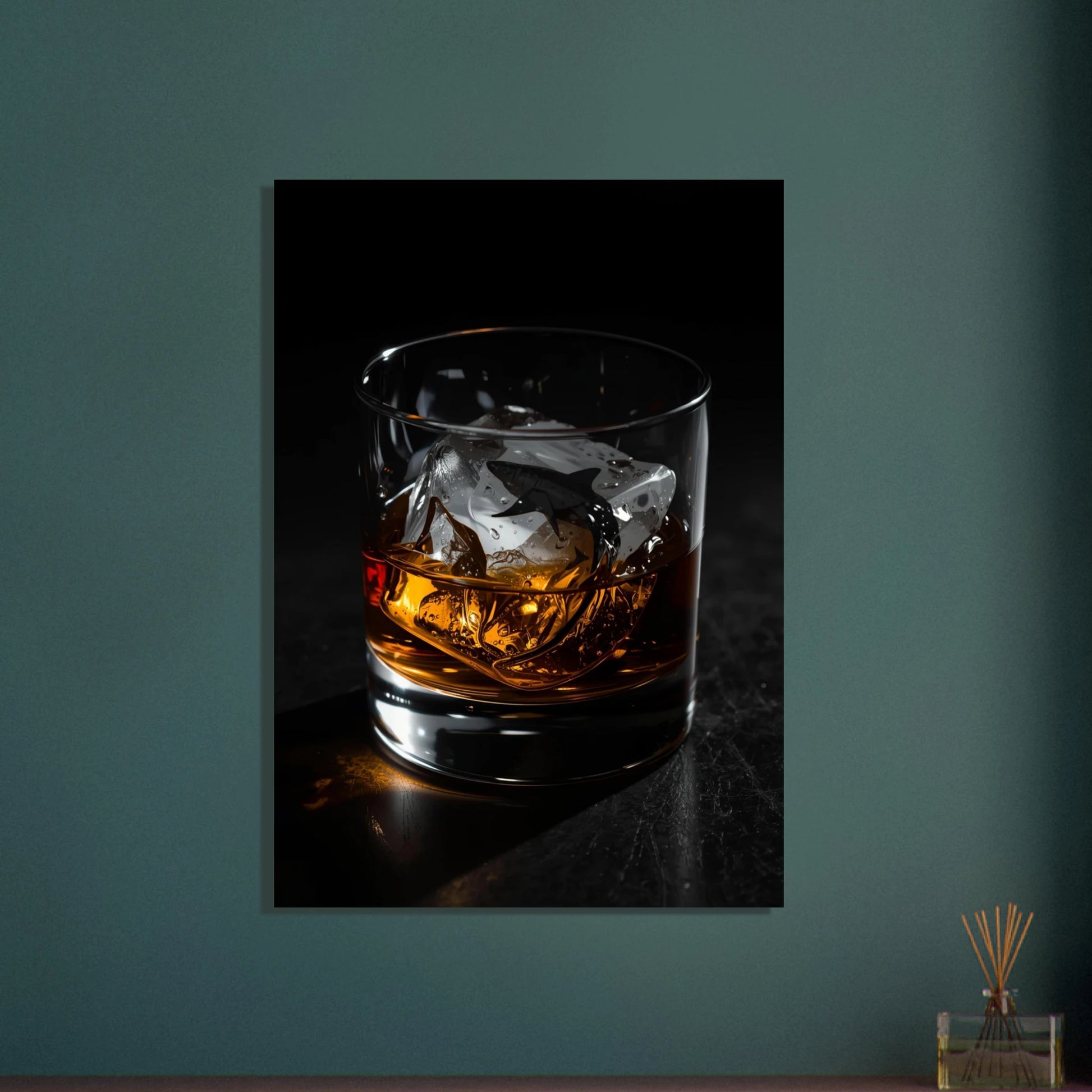 Haj i isbit i whiskyglas, mörk och stämningsfull bild.
