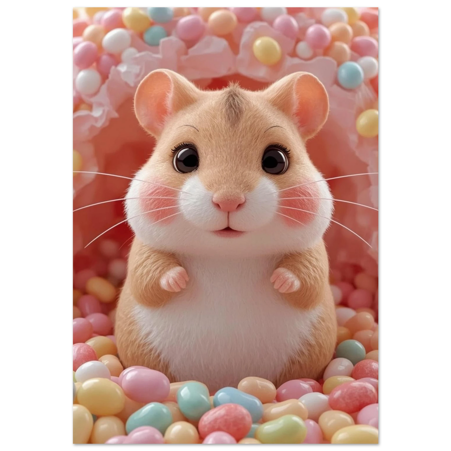 Söt hamster bland pastellfärgade godisbitar – lekfull djurposter för barnrum
