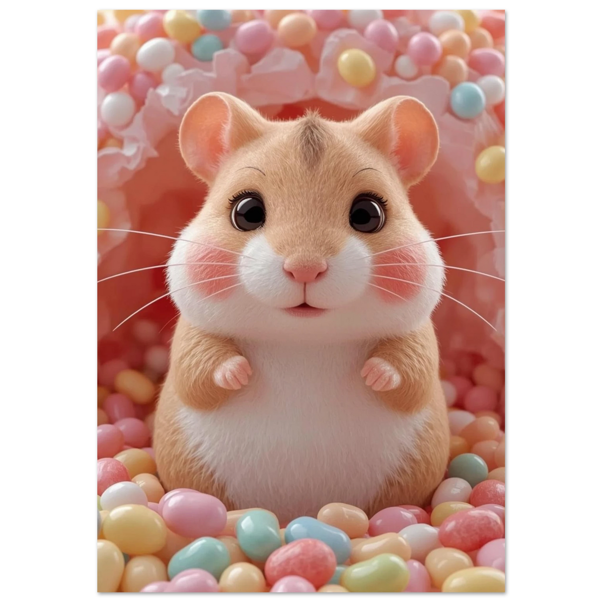 Söt hamster bland pastellfärgade godisbitar – lekfull djurposter för barnrum