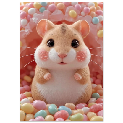 Söt hamster bland pastellfärgade godisbitar – lekfull djurposter för barnrum