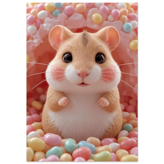 Söt hamster bland pastellfärgade godisbitar – lekfull djurposter för barnrum