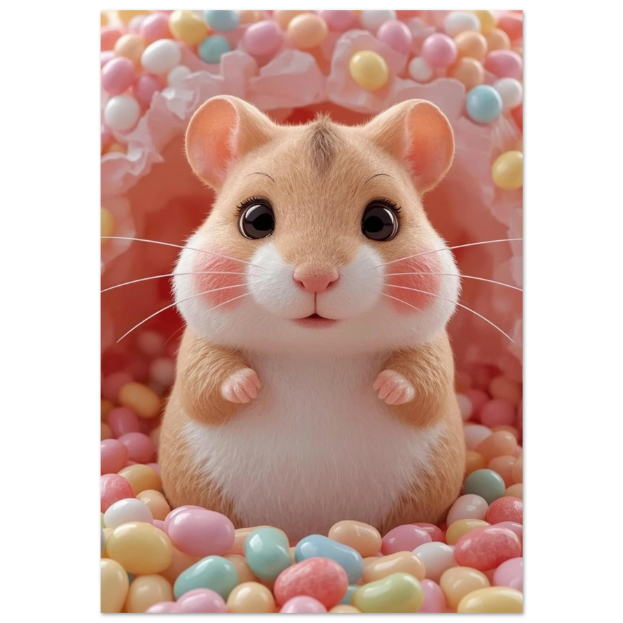 Söt hamster bland pastellfärgade godisbitar – lekfull djurposter för barnrum