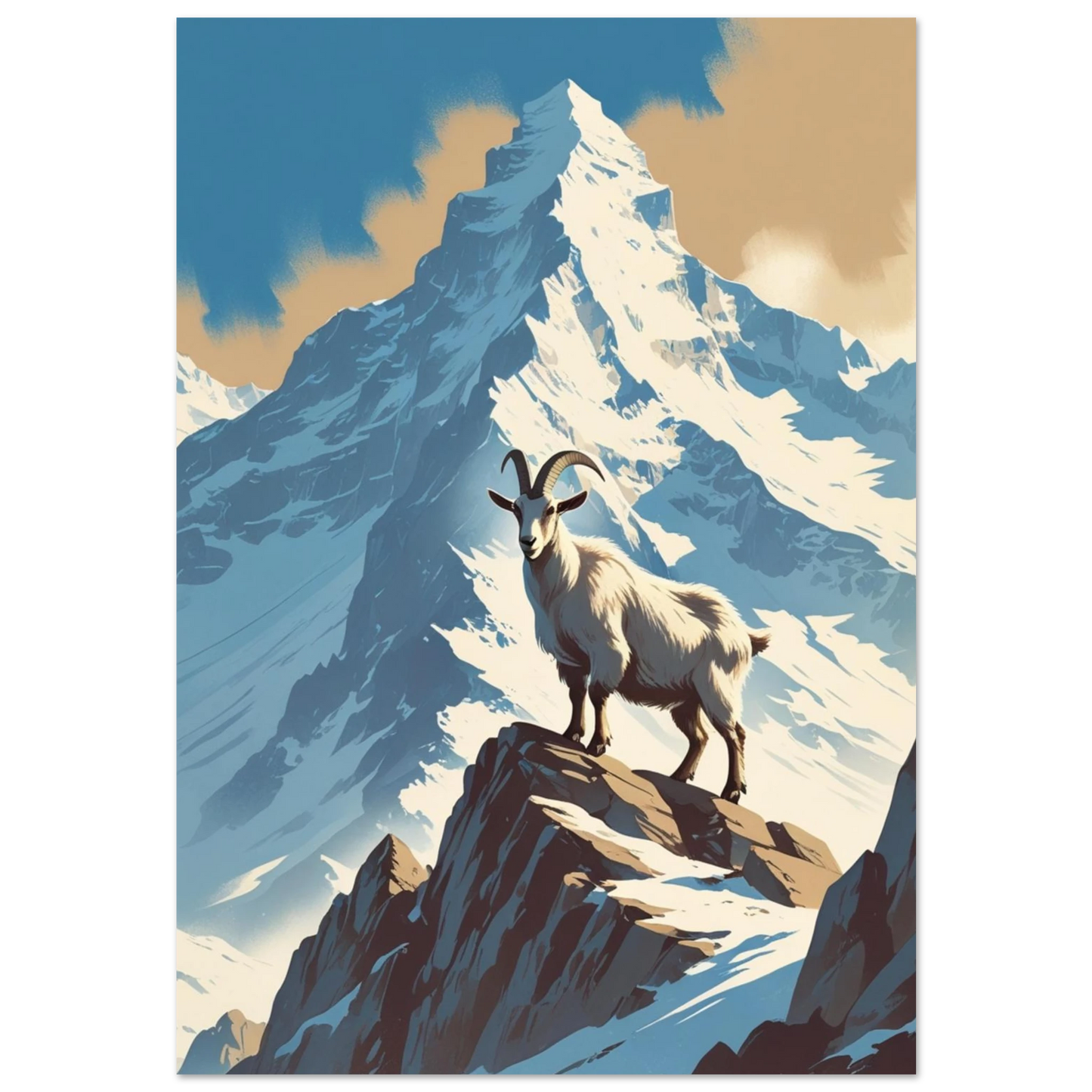 Bergsget på klippavsats framför snötäckt bergstopp – vintage illustration i blå toner