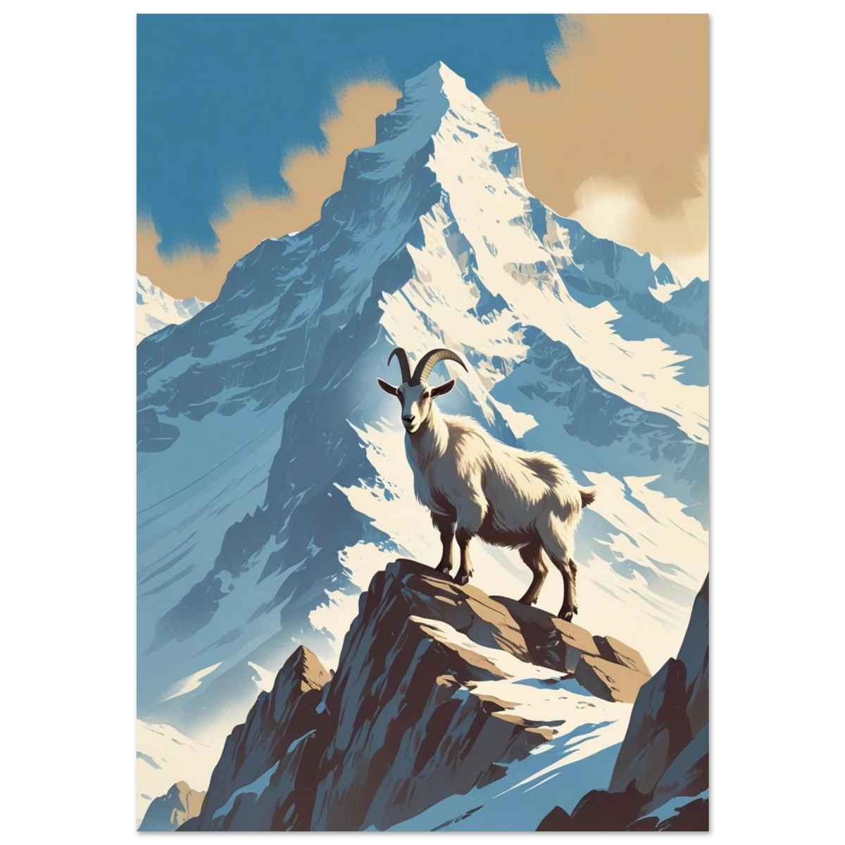 Bergsget på klippavsats framför snötäckt bergstopp – vintage illustration i blå toner