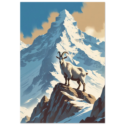 Bergsget på klippavsats framför snötäckt bergstopp – vintage illustration i blå toner